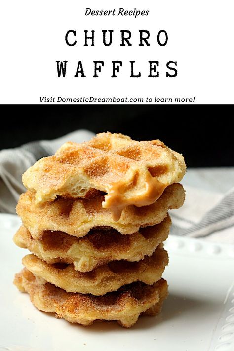 These Churro Waffles are made of choux pastry, so their texture matches real churros - crisp crust, custardy interior, and cinnamon-sugar coating. #waffles #churros #dessert Churro Waffle Recipe, Waffle Chips, Churros Dessert, Breakfast Cravings, Churro Waffles, Butter Alternative, Waffle Ingredients, Celebrity Recipes, Choux Pastry