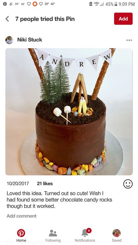 Camping Theme Cakes, Campfire Cupcakes, Chocolate Rocks, Camp Theme, Dad Birthday Cakes, Camping Birthday, Cute Birthday Cakes, Theme Cake, Camping Theme