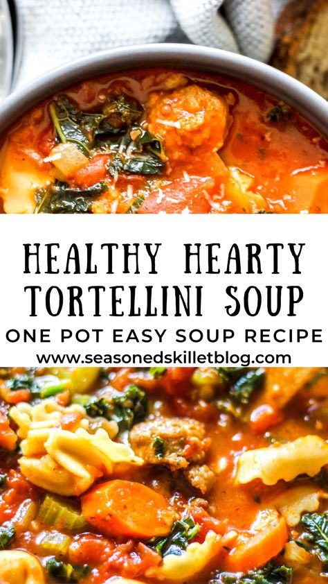 Healthy Hearty Italian Sausage Tortellini Soup is a one pot tomato-based soup recipe made with Italian sausage, sauteed onions, and garlic, chunky tomatoes, cheese tortellini and loaded with hearty vegetables like carrots, celery and kale. Serve for a healthy and warming winter lunch or dinner with a garnish of fresh parmesan and rustic whole wheat bread. Recipe also includes a step-by-step video for easy follow-along, as well as make-ahead and how to freeze tips! Healthier Slow Cooker Creamy Tortellini Vegetable Soup., Hearty Cheese Tortellini Soup, Tomatoe Tortalini Soup Crockpot, Easy Healthy Crockpot Soup Recipes, Tortellini And Vegetable Soup, Dinner Ideas With Celery, Healthy Tortellini Soup Recipes, Soups With Tomato Base, Rustic Tomato Soup