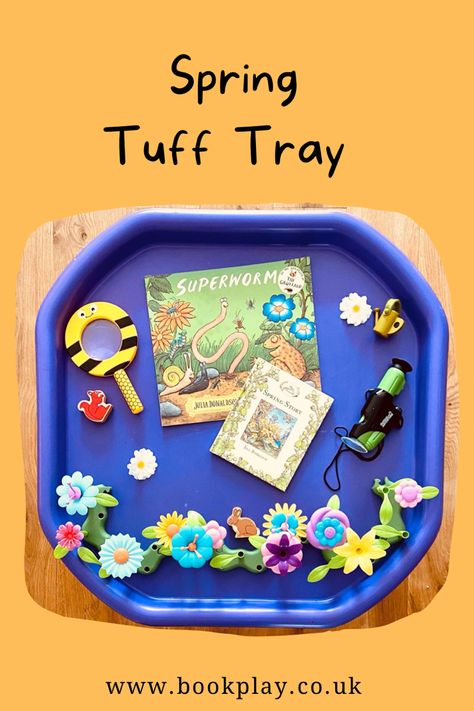 A purple tuff tray with spring books for children, garden toys, and small wooden toys. Spring Tuff Tray, Book Play, Tuff Spot, Tuff Tray, Spring Into Action, Play Table, Small World Play, Play Book, Sand And Water