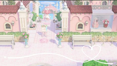 Pastelcore Acnh, Pink Road Animal Crossing, Pink Acnh Island Entrance, Pink Aesthetic Acnh Codes, Acnh Pink Castle, Pink Citycore Acnh, Pastel Animal Crossing Island, Pastel Codes Acnh, Acnh Pink Entrance