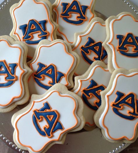 Auburn University sugar cookies, YUM! ~ Check this out too ~ RollTideWarEagle.com for sports stories that inform and entertain. #Auburn Auburn University Cake Ideas, Auburn Cake Ideas, Auburn Birthday Party, Auburn Cookies Decorated, Auburn Decorations, Auburn Grad Party, Auburn Graduation Party Ideas, Auburn Cookies, Auburn Party