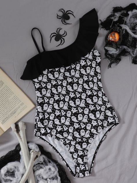 Black and White Cute Collar  Fabric Halloween  Embellished High Stretch  Women Beachwear Ghost Print, Cartoon Black, Black One Piece Swimsuit, 1 Piece Swimsuit, Cute Bathing Suits, Drop Shoulder Sweaters, Beachwear For Women, Swimsuit Cover Ups, Halloween Ghost