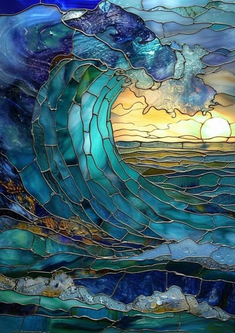 Stained Glass Ideas Window, Stained Glass Waterfall, Stained Glass Waves, Stainglass Ideas, Ocean Mosaic, Ocean Goddess, Stained Glass Painting, Window Cornices, Stain Glass Window Art