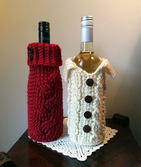 Made With a Twist – 10 Crochet Cables Patterns You'll Love -- Crochet Cabled Sweater Wine Cozy Gift Bags by Jennifer Ozses #crochet Wine Bottle Dressing, Crochet Cables Pattern, Wine Cozy, Crochet Cables, Cabled Sweater, Bottle Dressing, Knitting Things, Wine Bottle Gift Bag, Knitted Accessories