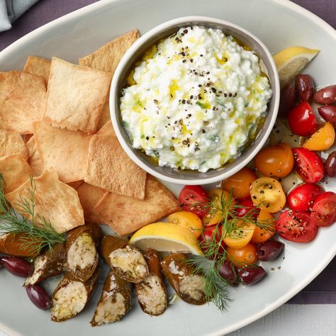 Cottage-Cheese Tzatziki Mezze Plate by Food Network Kitchen Cottage Cheese Tzatziki, Taziki Sauce With Cottage Cheese, Cottage Cheese Plate, Savory Greek Cottage Cheese Bowl, Tzatziki Sauce Cottage Cheese, Hummus And Tzatziki Platter, Skinnytaste Savory Cottage Cheese Bowl, Taziki Sauce, Cottage Cheese Dips