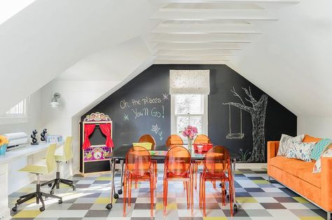 Attic Playroom Ideas, Playrooms Ideas, Organize A Playroom, Playroom On A Budget, Loft Playroom, Attic Playroom, Slanted Ceiling, Playroom Design, Attic Renovation