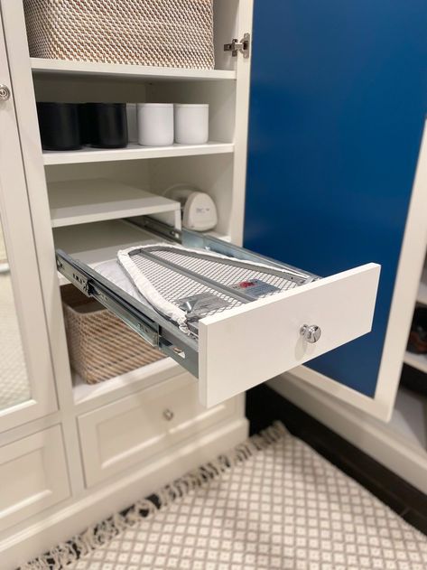 The genius hack to truly hide your folding ironing board! Avoid the standard ironing board cabinet & go with a hidden built in ironing board drawer pull out! 👉Click to get the details + our FREE Room Design Guide! #hiddenironingboard #builtinironingboard #ironingboardcabinetstorage #foldingironingboardideas #pulloutironingboarddrawer #ironingboardindrawer #folddownironingboard #foldoutironingboard #hideawayironingboard #ironingboardstoragehidden #ironingboardstoragecabinet Ironing Board In Closet Built Ins, Ironing Board Built In, Pocket Ironing Board, Fold Out Ironing Board Drawer, Storage Ironing Board, Utility Room Ironing Board Storage, Laundry Room Built In Ironing Board, Recessed Ironing Board Built Ins, Laundry Room With Pull Out Folding Table