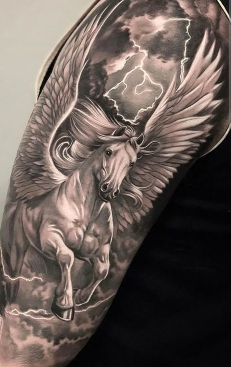 Greek Pegasus Tattoo, Greek Horse Tattoo, Horse Tattoo Design For Men, White Horse Tattoo, Horse Tattoo For Men, Pegasus Tattoo Design, Pegasus Tattoo, Dragon Tattoo Meaning, Valkyrie Tattoo