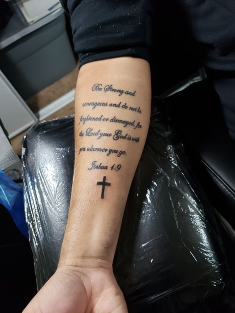 Forearm Verse Tattoo, Bible Verse Fonts Tattoo, Bible Verse Tattoos For Men Arm Scriptures, Forearm Scripture Tattoo Men, Meaningful God Tattoos, Joshua 1:9 Tattoo Women, Forearm Bible Verse Tattoo Men, Bible Verse Sleeve Tattoo, Bible Verse Arm Tattoo