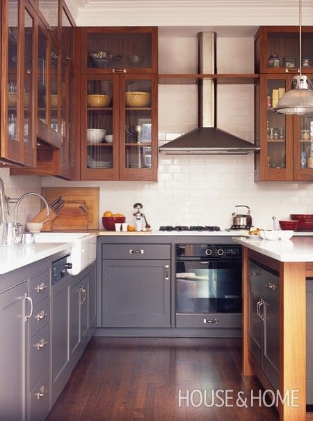 Photo Gallery: Bistro & Restaurant-Style Kitchens | House & Home Hardwood Finishes, Farmhouse Kitchen Cabinet Decor, Two Toned Kitchen Cabinets, Dining Room Layout, Rustic Farmhouse Kitchen Cabinets, Two Tone Kitchen Cabinets, Flooring Hardwood, Gray Cabinets, Farmhouse Kitchen Cabinets