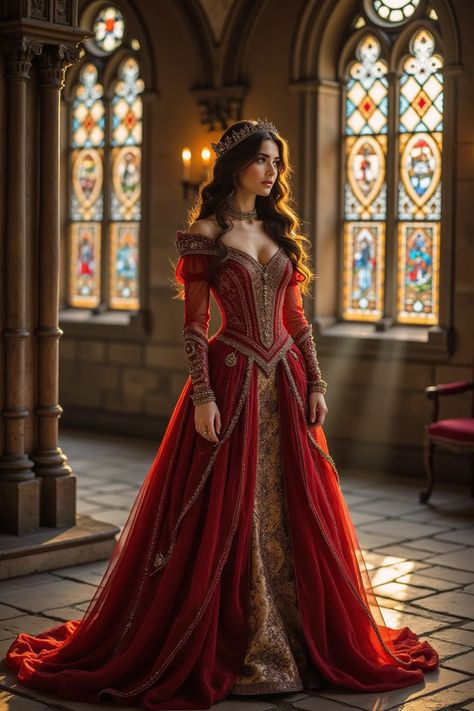 Fantasy Dress Queens Goddesses, Red Dress Aesthetic Medieval, Royal Dresses Medieval, Red Fantasy Gown, Warrior Queen Dress, Red Fantasy Dress, Sims 4 Story Ideas, Warrior Princess Dress, Medieval Ball Gown