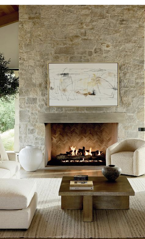 Modern Stone Fireplace, Indoor Gas Fireplace, Living Room Redesign, Stone Chimney, European Style Homes, Fireplace Shelves, Living Room Redo, Industrial Interior Design, Fireplace Remodel