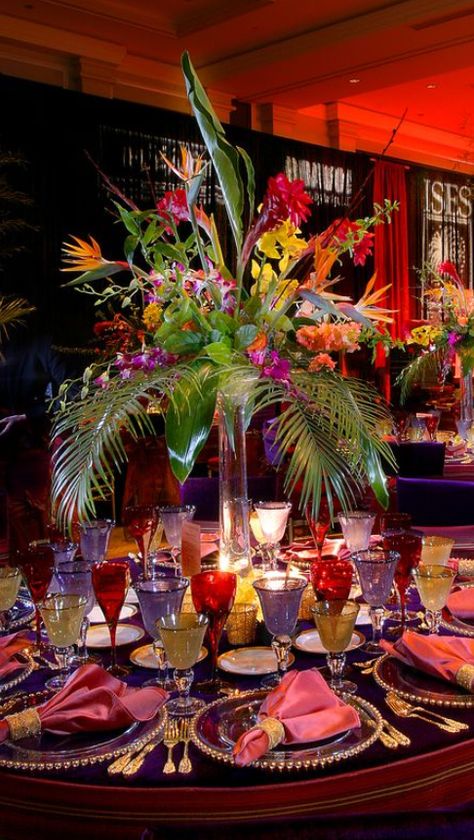 Havana Centerpiece Ideas, Havana Nights Gala Theme, African Themed Wedding Reception, Havana Nights Table Centerpiece, Rainforest Centerpieces, Havana Night Centerpieces, Bird Of Paradise Floral Arrangement, Havana Nights Centerpieces, Havana Nights Gala