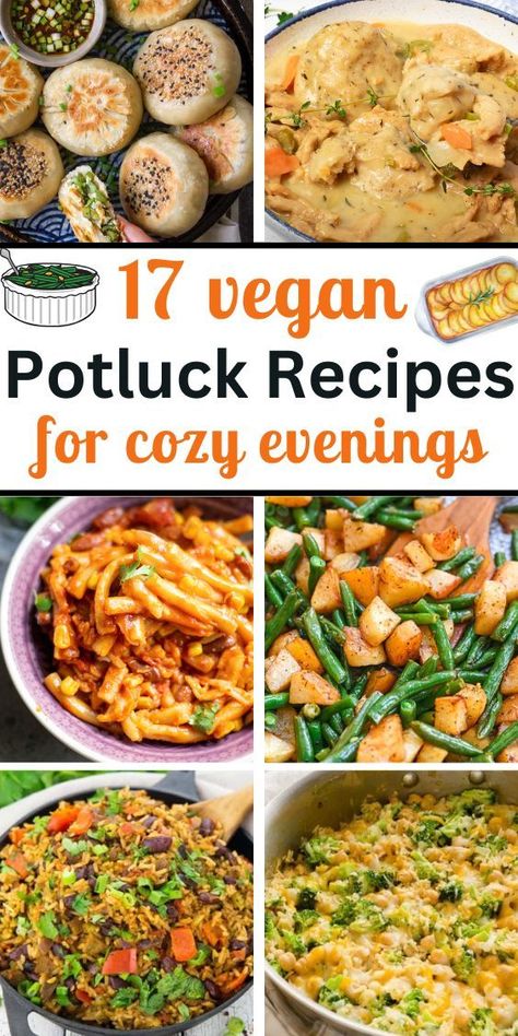 17 Vegan Winter Potluck Recipes and 6 photos of different plant based winter recipes for a crowd: buns, stews, casseroles... Vegan Nye Recipes, Vegan Potluck Recipes Easy, Vegan Hosting Food, Vegan Comfort Meals, Easy Vegetarian Potluck Dishes, Easy Potluck Dishes Vegetarian, Vegan Recipes Potluck, Vegetarian Dinner Party Ideas, Easy Vegan Main Dishes