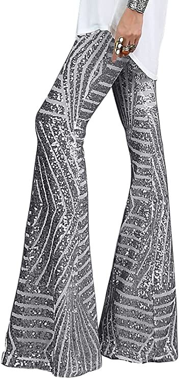 BLENCOT Womens Glitter Sequin Wide Leg Palazzo Pants High Waist Bell Bottoms Night Club Sparkle Flared Trousers Blue L at Amazon Women’s Clothing store Sequin Bell Bottoms, Night Out Clubwear, Sequin Flare Pants, Gold Pants, Sequin Pants, Wide Leg Palazzo Pants, Flared Trousers, High Waist Fashion, Hipster Fashion