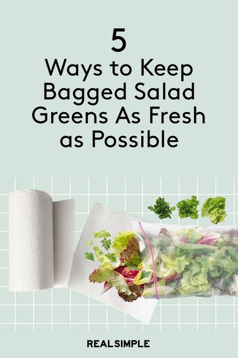 5 Ways to Keep Bagged Salad Greens as Fresh as Possible | The good news is that you don’t have to keep tossing those tattered leaves. These storage tips will help keep bagged salad fresh longer, and a few easy purchasing hacks can help you make a better selection from the start.  #kitchenhacks #foodsafety #groceryshoppinghacks #realsimple How To Make Salad Last Longer, Salad Hacks, How To Keep Bagged Lettuce Fresh Longer, Keep Salad Fresh, Storing Salad In The Fridge, How To Keep Salad Fresh All Week, Keeping Vegetables Fresh Longer, Keep Salad Fresh All Week, Salad Storage