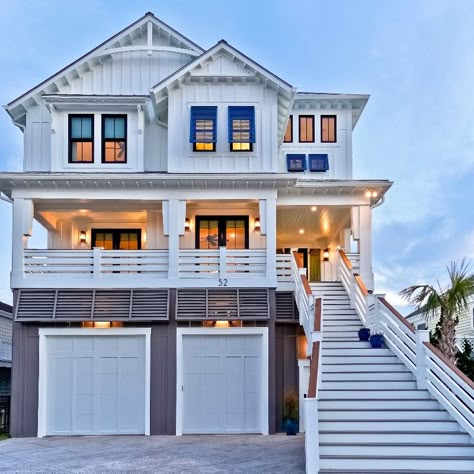 3 Story Coastal House Plans, Beach House Driveway Ideas, Coastal Carriage House, Large Beach House Plans, Waterfront House Plans Coastal Homes, Beach Condo Exterior, Modern Coastal Beach House Exterior, Beach House Plans Coastal Homes, Two Story Beach House