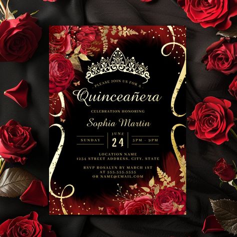 Black And Red Quinceanera Decorations, Dark Quince Theme, Red Quince Decor Ideas, Sweet 16 Party Ideas Red Black And Gold, Mafia Quinceanera Theme, Ranchero Theme Quinceanera, Dark Red Quince Theme, Black Themed Quinceanera, Red And Black Charro Quinceanera Theme