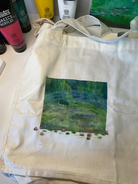 Tote bag painting inspired by Monet, nature painting, aesthetic art, aesthetic vibes, clothing decor, clothing painting Monet Tote Bag, Painting Totes Ideas, Painting A Tote Bag, Tote Bag Painting Aesthetic, Bag Painting Ideas Diy, Tote Bag Decorating Ideas, Tote Bag Design Paint, Tote Bag Ideas Paint, Tote Bag Diy Paint