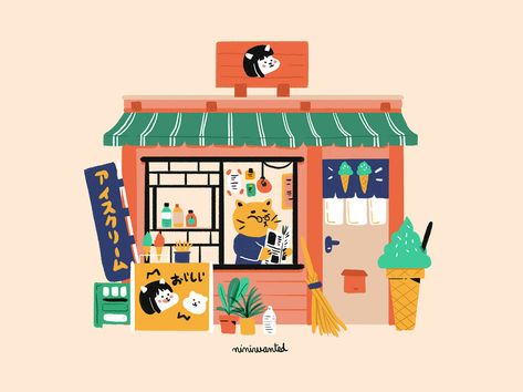 Ice Cream Shop food facade shop ice cream icecream shop character cute illustration japanese characters cat illustration cat facade japan Cute Character Design, Ideas For Cats, 달력 디자인, 귀여운 음식 그림, Illustration Mignonne, Japanese Store, Cats Drawing, Japanese Illustration, Shop Illustration