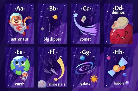 Free vector cartoon english alphabet fla... | Free Vector #Freepik #freevector #space-elements #space-illustration #space #space-kids Outer Space Alphabet Letters, Space Alphabet Letters, Space Alphabet, Illustration Space, Space Words, Space Kids, Cartoon Astronaut, Space Space, Kid Flash