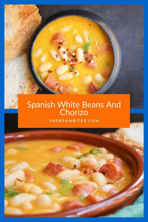 Spanish White Beans Recipe, Spanish Bean Soup Recipe, Spanish Bean Soup, Chorizo And Bean Stew, Chorizo Recipes Dinner, Spicy Beans, Spanish Beans, Spanish Stew, Authentic Spanish Recipes