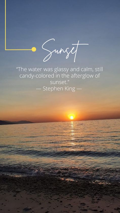 “The water was glassy and calm, still candy-colored in the afterglow of sunset.” #sunset #sunsetphotography #aesthetic #quotes #quotesoftheday #sea #beach #happy #happiness Sea Lover Quotes, Sunset Lover Quotes, Sea Aesthetic Quotes, Sea Quotes, Instagram Bio Quotes, Birthday Captions, Memorable Quotes, Sunset Lover, Beach Quotes