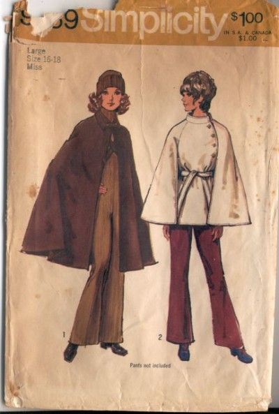 Simplicity 9669 - Vintage 1971 Poncho With Belt, Cape Pattern Sewing, 1970s Sewing Patterns, Cape Pattern, Vintage Cape, Mod Vintage, Vintage Dress Patterns, Ladies Poncho, Capes For Women