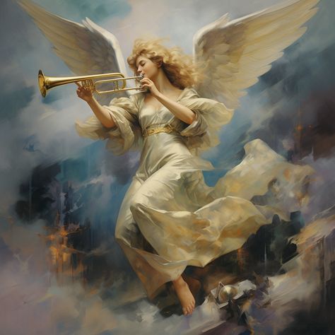 Angel Trumpet Aesthetic, Angels With Trumpets, Angel With Trumpet, Angel Band, Angel Stories, Wood Splitter, Angel Trumpet, Roman Gods, Creation Story