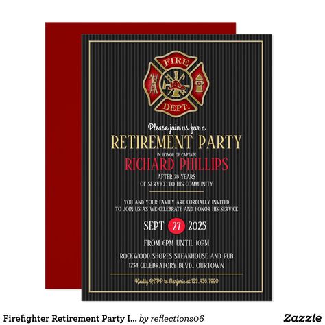 Firefighter Retirement Party Invitations Retirement Party Ideas, Firefighter Retirement, Retirement Party Invitation, Fireman Party, Firefighter Party, Retirement Party Gifts, Retirement Invitations, Retirement Party Invitations, Fire Chief