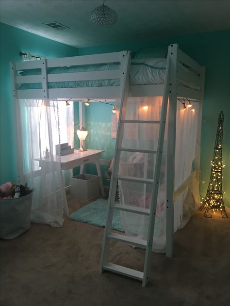 Loft Bed Room Ikea, Window Loft Bed, Ikea Stora Loft Bed Hacks, High Bed Rooms Ideas, Loft Bed Inspiration, Loft Bed With Lights Under, Loft Bed For Playroom, Loft Bed Hideout, Small Room Ideas With Loft Bed