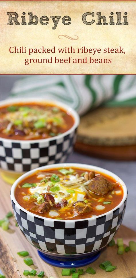 This flavorful Ribeye Chili is packed with smoky, beefy flavor.  It's a great way to warm the belly on a cold winter day! Ribeye Steak Chili Recipe, Steak Chili Recipe, Steak Chili, Delicious Chili Recipe, Bacon Chili, Recipe Crockpot, Chili Toppings, Soups Stews Chilis, Best Chili Recipe