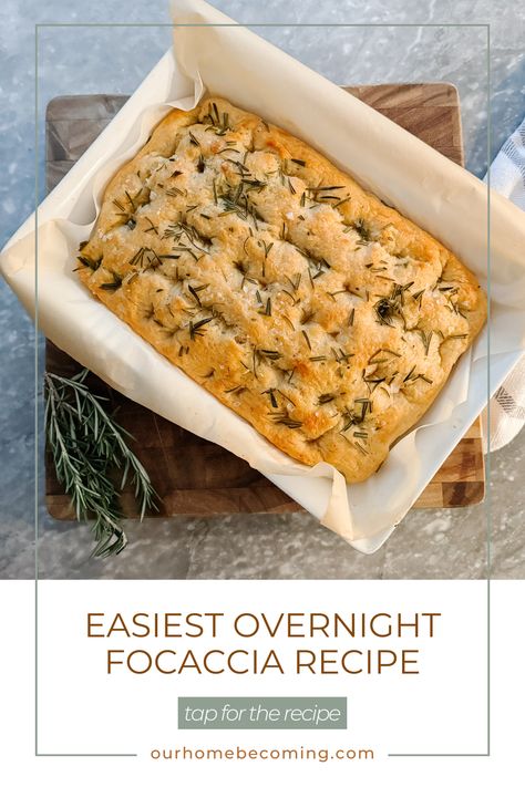 Easy Overnight Focaccia Recipe - ourhomebecoming.com Lace Bakes Overnight Focaccia, Overnight Focaccia Recipe, Crock Pot Focaccia Bread, No Knead Focaccia Bread, Overnight Sourdough Focaccia, Overnight Focaccia Bread Recipe, Facassica Bread, Faccocia Recipe, Pretty Focaccia Bread