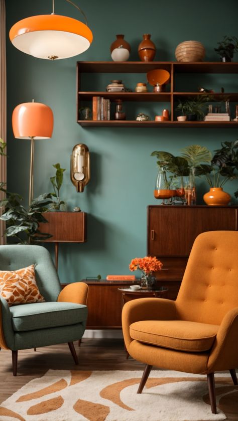 Boho Meets Mid Century Modern, Living Room Inspiration Mid Century Modern, Living Room Mid Century Modern Bohemian, Mcm Retro Living Room, 60s Style Living Room, Mid Mod Interior Design, Colorful Retro Apartment, Sixties Living Room, Midcentury Boho Living Room Decor