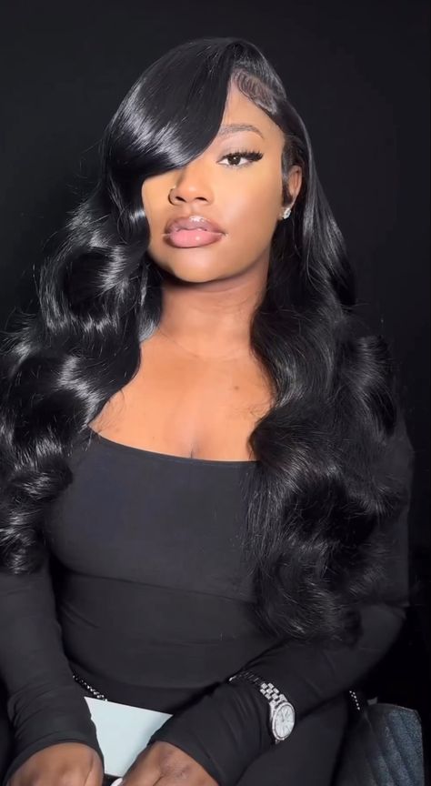 Prom Wigs Hairstyles, See In Side Part Curly, Black Lace Front Side Part, Bodywave Closure Wig Hairstyles, Frontal Wig Side Part Curls, Side Part Wig Loose Curls, 22 Inch Body Wave Wig Side Part, Black Hair Styles For Prom, Wedding Hairstyles Lace Wig