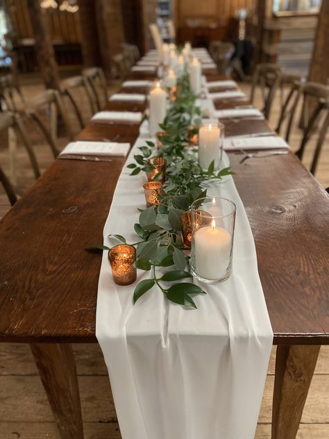 Rustic Wedding Centerpieces Rectangle Tables, Candle And Greenery Table Decor, Long Table Wedding Centerpieces Rustic, Simple Engagement Table Decor, Fall Garland Centerpieces For Table, Rustic Table Setting White Table Cloth, Diy Centerpieces Wedding Long Table, How To Decorate Rectangle Tables Wedding, Round Boho Table Setting