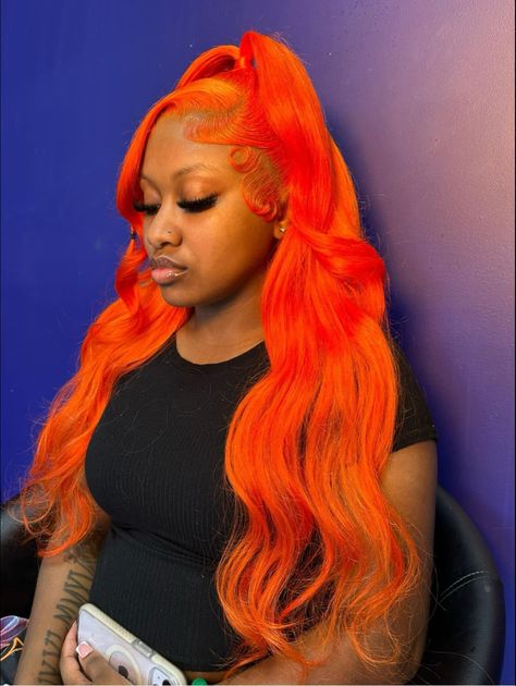 Orange Side Part Wig, Orange Wig Hairstyles, Orange Wig Install, Orange Photoshoot, Orange Wigs, Weave Hair Color, Orange Wig, Teenage Hairstyles, Frontal Wig Hairstyles