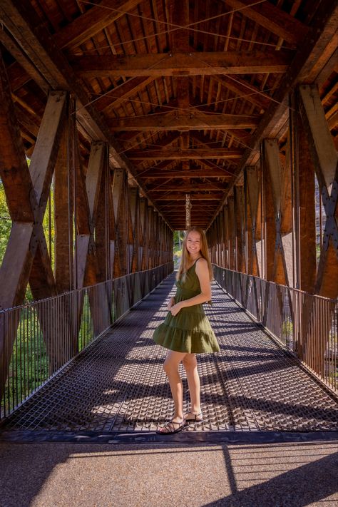 Covered Bridge Photoshoot Senior Pictures, Senior Pictures In Nature, Covered Bridge Senior Pictures, Bridge Senior Pictures, Pictures Of Bridges, Creative Senior Pictures, Snow Photos, Senior Photoshoot Poses, Senior Photography Poses