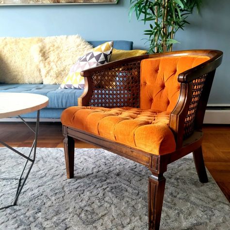 West End Trends on Instagram: “Vintage Orange Barrel Chair Beautiful walnut frame barrel chair upholstered in tufted orange velvet and wrapped with cane along the sides…” Cushion Diy, Caned Armchair, Orange Furniture, Arm Chair Styles, New House Living Room, Cane Chair, Orange Velvet, Tufted Cushion, Rattan Chair