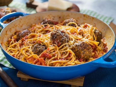 Mauro's Magical No-Bread Meatballs Recipe | Jeff Mauro | Food Network.  Zucchini zoodles to go along with the meatballs. Jeff Mauro Recipes, Bread Meatballs, Breaded Meatballs, Pasta Veggies, Jeff Mauro, The Kitchen Food Network, Meatballs Recipe, Spaghetti And Meatballs, Pork Dishes