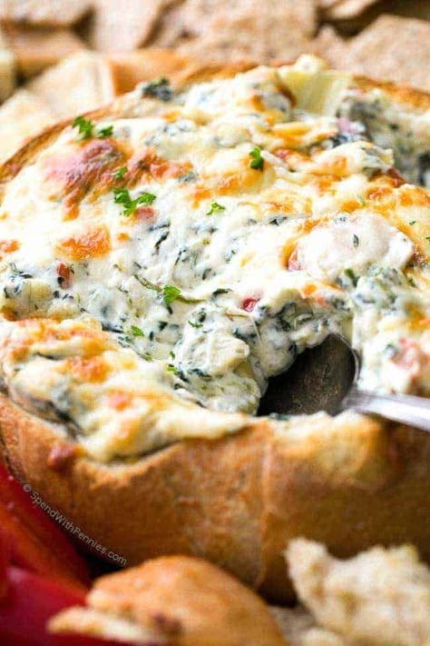 Hot Spinach and Artichoke Dip (in a bread bowl) Hot Spinach And Artichoke Dip, Cheesy Recipes Easy, Bread Bowl Dip, Best Spinach Artichoke Dip, Bread Bowl Recipe, Spinach Dip Recipe, Spinach And Artichoke Dip, Artichoke Dip Recipe, Spend With Pennies