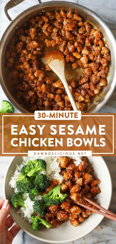 45 reviews · 30 minutes · Gluten free · Serves 4 · Find yourself making this Asian-inspired recipe all week! Crispy on the outside while being tender inside, these saucy Sesame Chicken Bowls are so much better than takeout. Plus, this easy dinner… Quick Weeknight Dinners For Two, Easy Sesame Chicken, Rice And Broccoli, Chicken Bowls, Berbuka Puasa, Better Than Takeout, Breakfast Meal, Chicken Bowl, Sesame Chicken