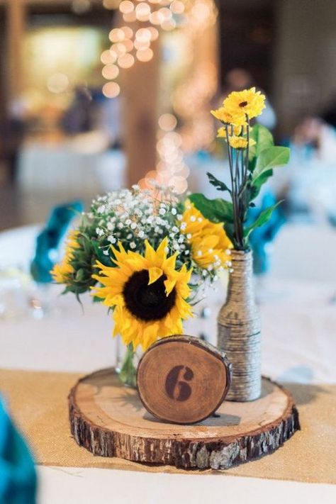 Sunflower Rustic Country Wedding Centerpiece / http://www.himisspuff.com/rustic-wedding-centerpiece-ideas/2/ Country Style Wedding Decorations, Fall Wedding Table Numbers, Sunflower Wedding Centerpieces, Country Wedding Centerpieces, Rustic Sunflower Wedding, Fall Wedding Tables, Sunflower Centerpieces, Sunflower Themed Wedding, Wedding Elements