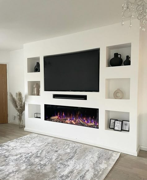 Tv Wall With Fireplace Modern, Tv Wall With Fireplace, Modern Media Wall, Wall With Fireplace, Fireplace Modern, Tv Fal, Feature Wall Living Room, Built In Shelves Living Room, Living Room Wall Units