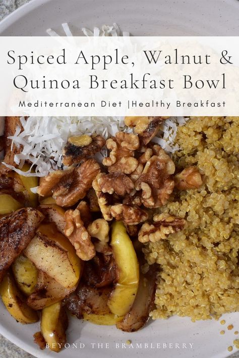 This breakfast bowl includes cooked apples, chopped walnuts, and warm spices that come together to make a delicious, egg-free breakfast. mediterranean diet | healthy breakfast recipes | gluten free | dairy free Mediterranean Recipes Breakfast, Breakfast Mediterranean, Breakfast Recipes Gluten Free, Recipes Gluten Free Dairy Free, Mediterranean Diet Recipes Breakfast, Healthy Breakfast Diet, Mediterranean Diet Breakfast, Mediterranean Recipes Healthy, Egg Free Breakfast