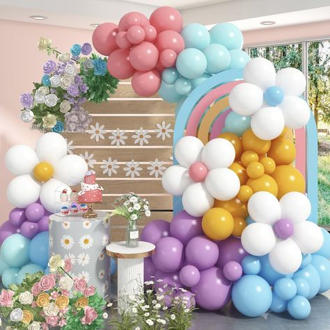 PRICES MAY VARY. ✨ Matching Party Decorations: Plum Blossom Clips x 4, 12-Inch Balloons (Light Blue x5, Lemon Yellow x5, Dirty Pink x5, Taro Purple x5, Baby Teal x5), 10-Inch Balloons (Light Blue x5, Yellow x5, Dirty Pink x5, Taro Purple x5, Baby Teal x5), 5-Inch Balloons (Light Blue x10, Yellow x14, Dirty Pink x10, Taro Purple x10, Baby Teal x10, White x20), 1 x Balloon Garland Strip, 2 x Rolled Balloon Glue Dots. 🎈High-quality balloon materials: All balloons are made from genuine natural late Yellow Balloon Arch, Flower Balloons Diy, Groovy Birthday Party, Daisy Decorations, Groovy Birthday, Balloon Garland Diy, Balloon Lights, Yellow Balloons, Flower Party