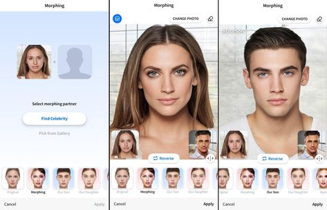 FaceApp Face Morphing Tool Exampless | FaceApp Face Morphing | Know Your Meme Faceapp Morphing, Face Morphing, Face Swap App, Combine Pictures, Face Blender, Face App, Face Swap, Apps For Android, Celebrity Faces