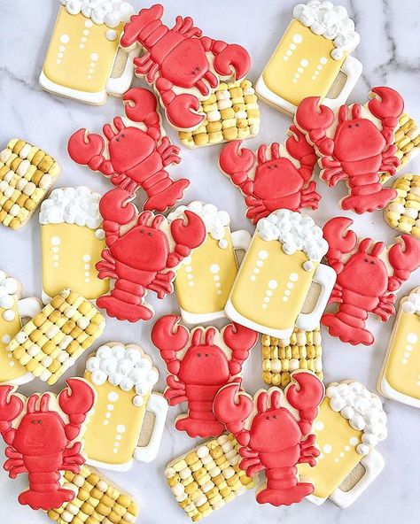 Crawfish Cookies Decorated, Shrimp Boil Party, Crab Party, Crawfish Party, Seafood Boil Party, Lobster Bake, Fish Cookies, Theme Cookies, Shrimp Boil