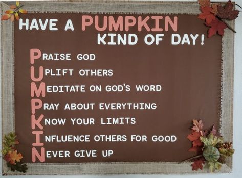 Fall Bible Class Bulletin Boards, Fall Bulletin Boards For High School, Fall Bulletin Board Ideas For Church, Christian Fall Decor, Fall Christian Bulletin Boards, Christian Fall Bulletin Board Ideas, Thanksgiving Church Bulletin Boards, Christian Halloween Crafts, Pumpkin Prayer